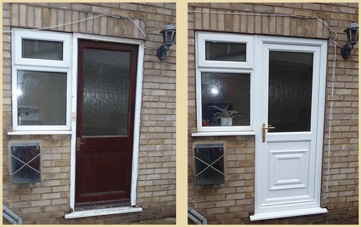 Old door replaced with modern Door with Side Window