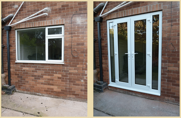 Old White uPVC Window Removed Brickwoork below the old window Removed, Replaced With New White uPVC French Doors With Side Lights