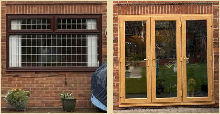 Brown window and wooden French doors