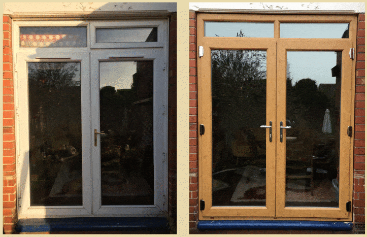 Old and new French door comparison.
