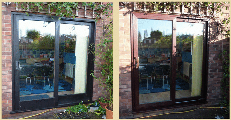 Old wooden patio soor replaced with new uPVC Rosewood Patio Door