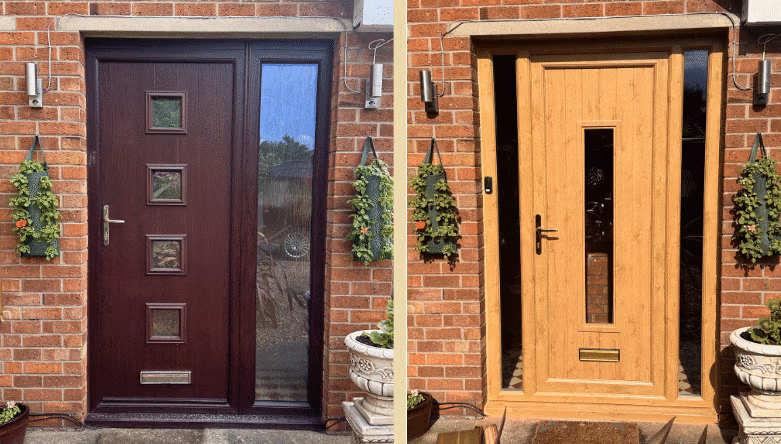 Two contrasting front doors displayed Before And After.